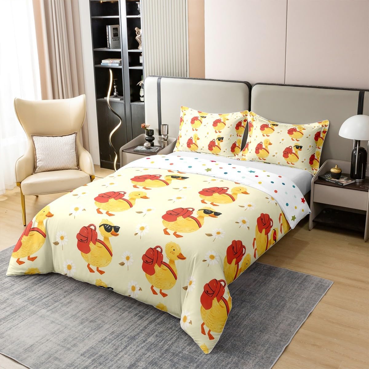Erosebridal Funny Duck with Bag Queen 100% Cotton Duvet Cover | Cute Yellow Ducks Bedding Set for Kids Girls Boys, Daisy Floral Bed Set, Duck Lovers Gifts Kawaii Quilt Cover Bedroom Decor image 2