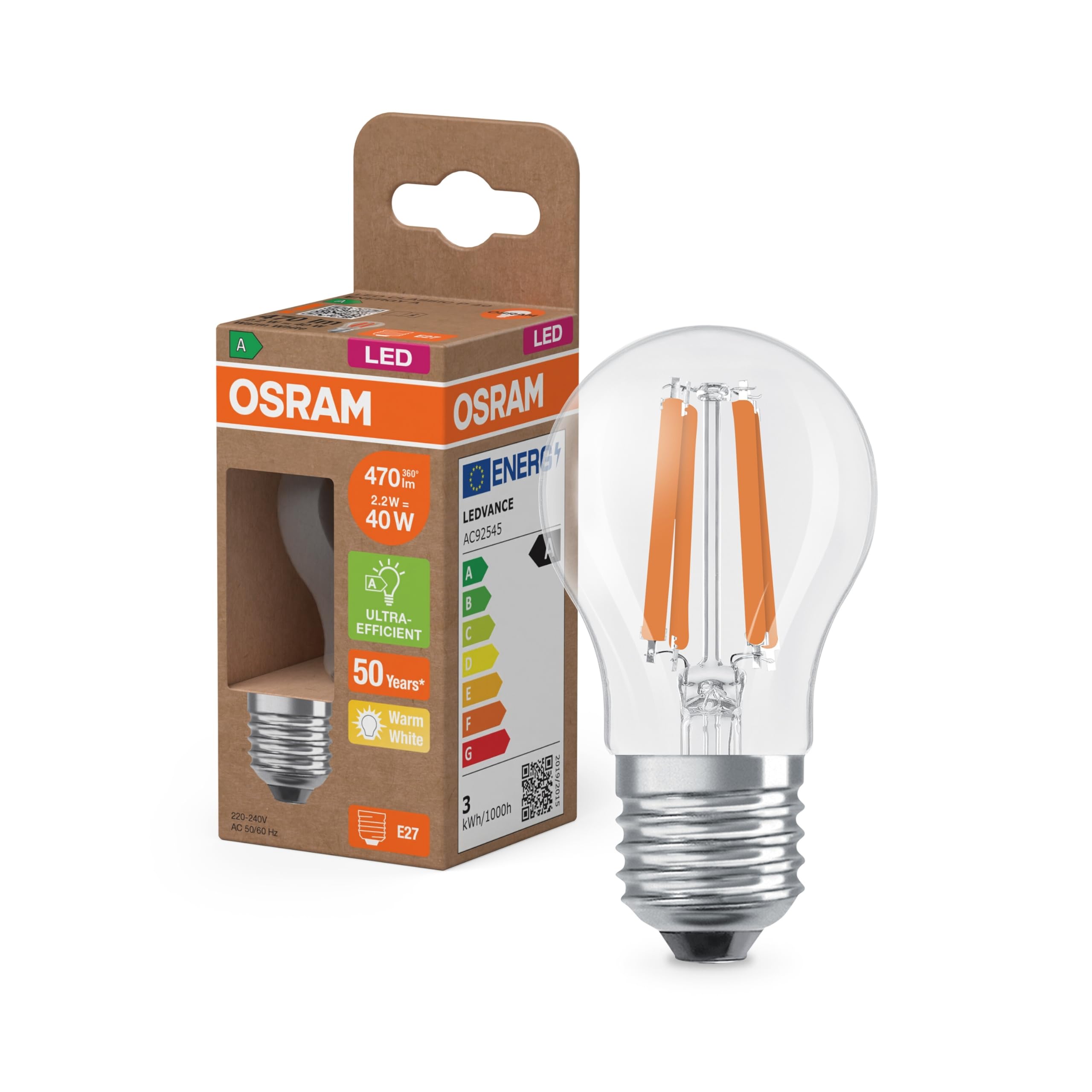 Osram LED Superstar Classic P 40 mini bouclassic, Transparent Glass Body, 2.2 W, 470 lm, E27, Warm White Light 2700 K, EEK A, Diameter 45 mm.