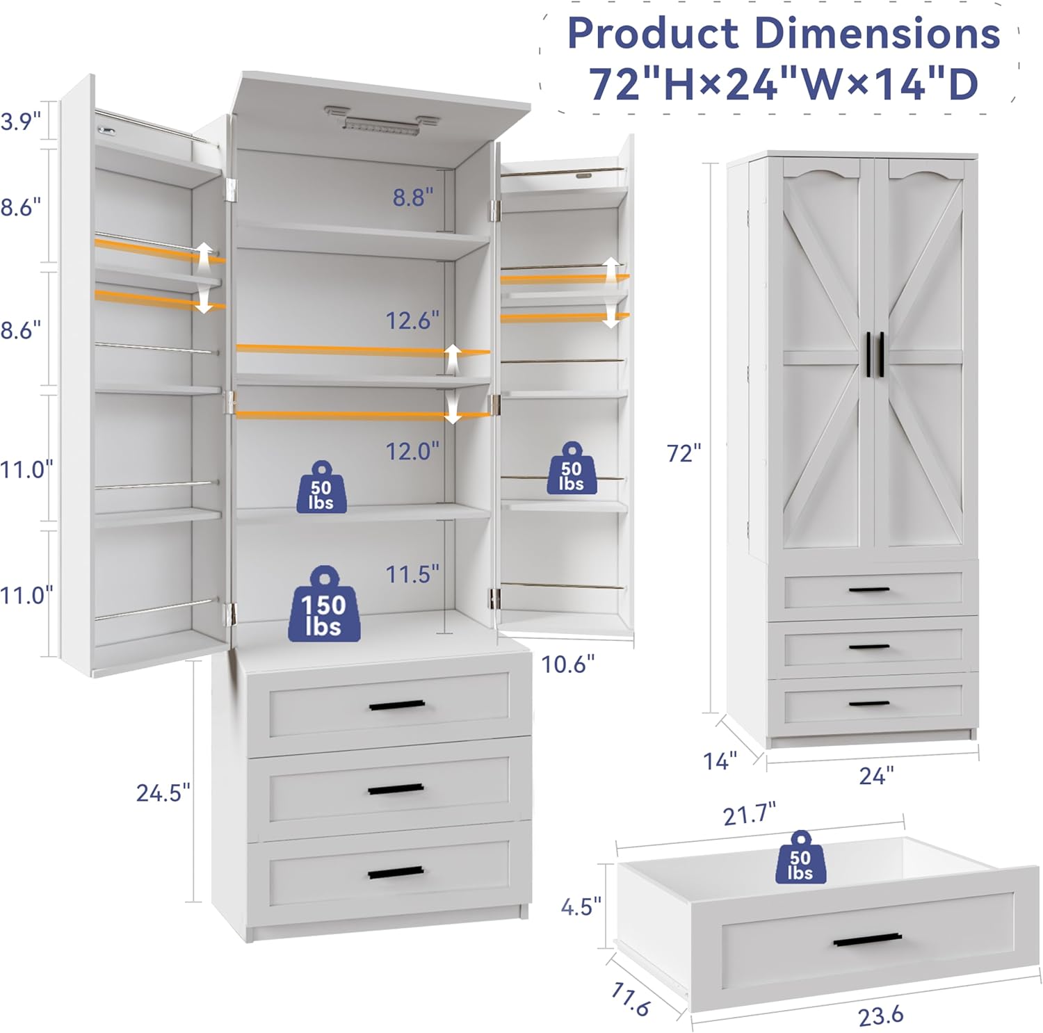 72" LED Kitchen Pantry Cabinet with 3 Drawers Farmhouse Tall Storage Cabinet Wood Food Pantry with Barn Doors and Adjustable Shelves Versatile Storage Freestanding Cupboard for Kitchen