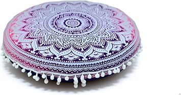 CRAFT KALA Round Mandala Boho Pillow Cover Meditation India Room Seating Poufs Cover for Living Room Yoga Room Home Decor Bedroom Balcony Garden Decoration Cotton Floor Cushion Cover 32", Pink Ombre