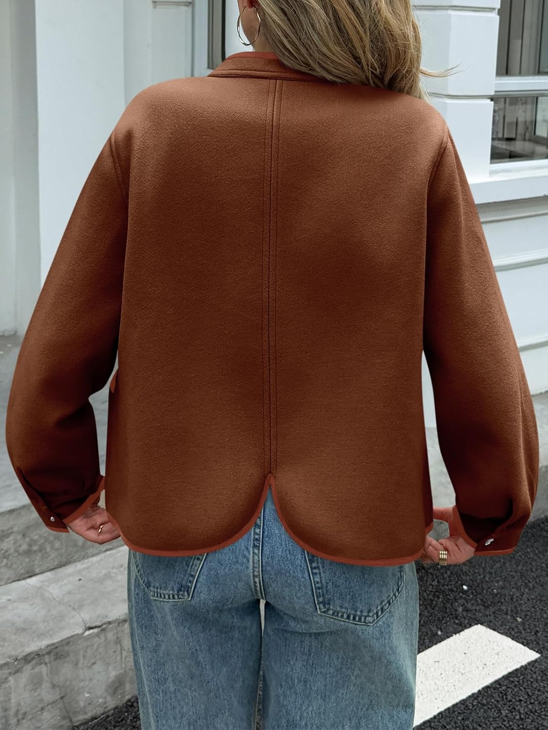 Cicy Bell Womens Button Down Bomber Jackets Puff Sleeve Cropped Pea Coats Casual Fall Color Block Outerwear - Image 5