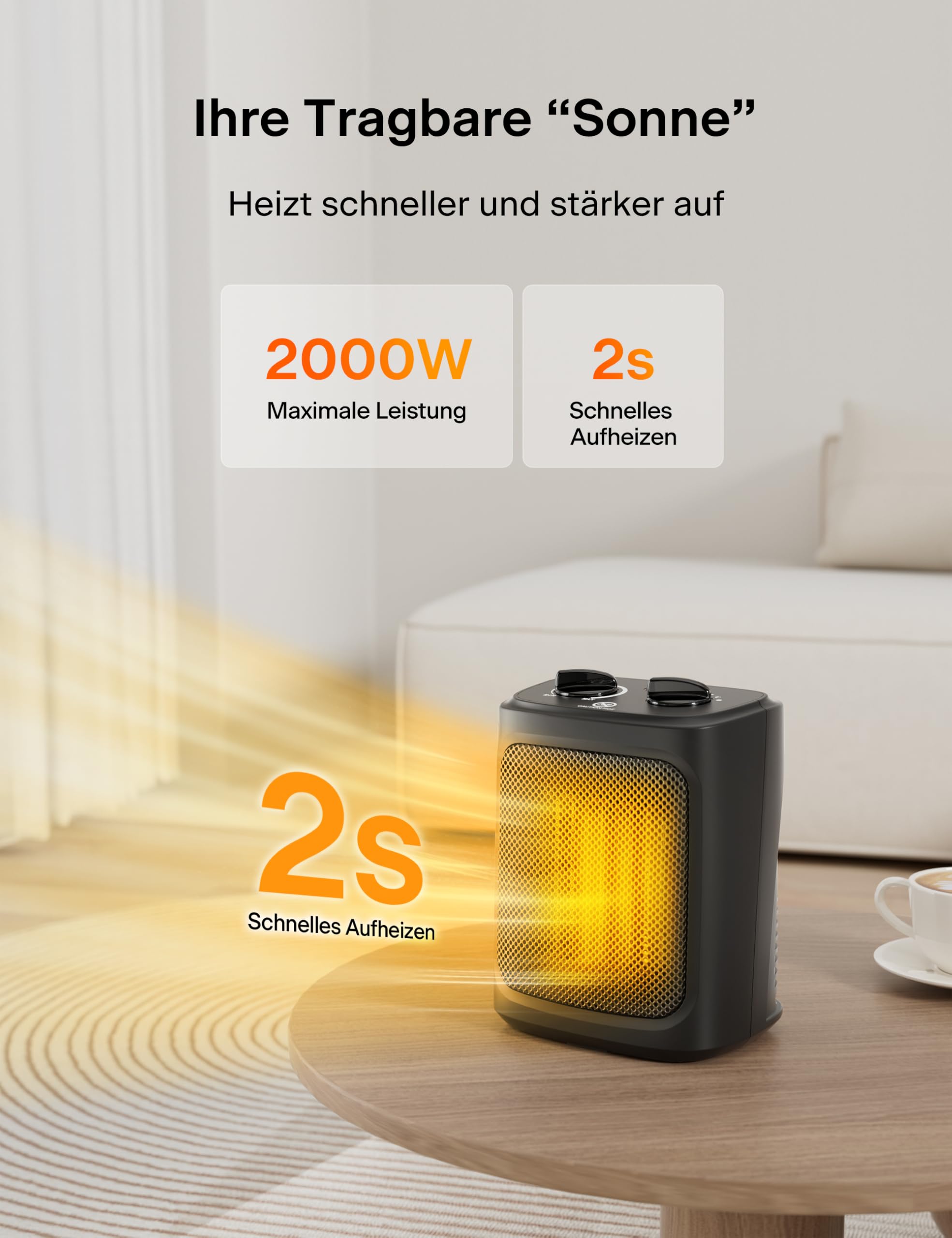 Pelonis Mini Termoventilatore 2000W con Due Livelli di Calore, Riscaldatore Elettrico in Ceramica per il Bagno, Controllo della Temperatura, Riscaldamento per Ufficio
