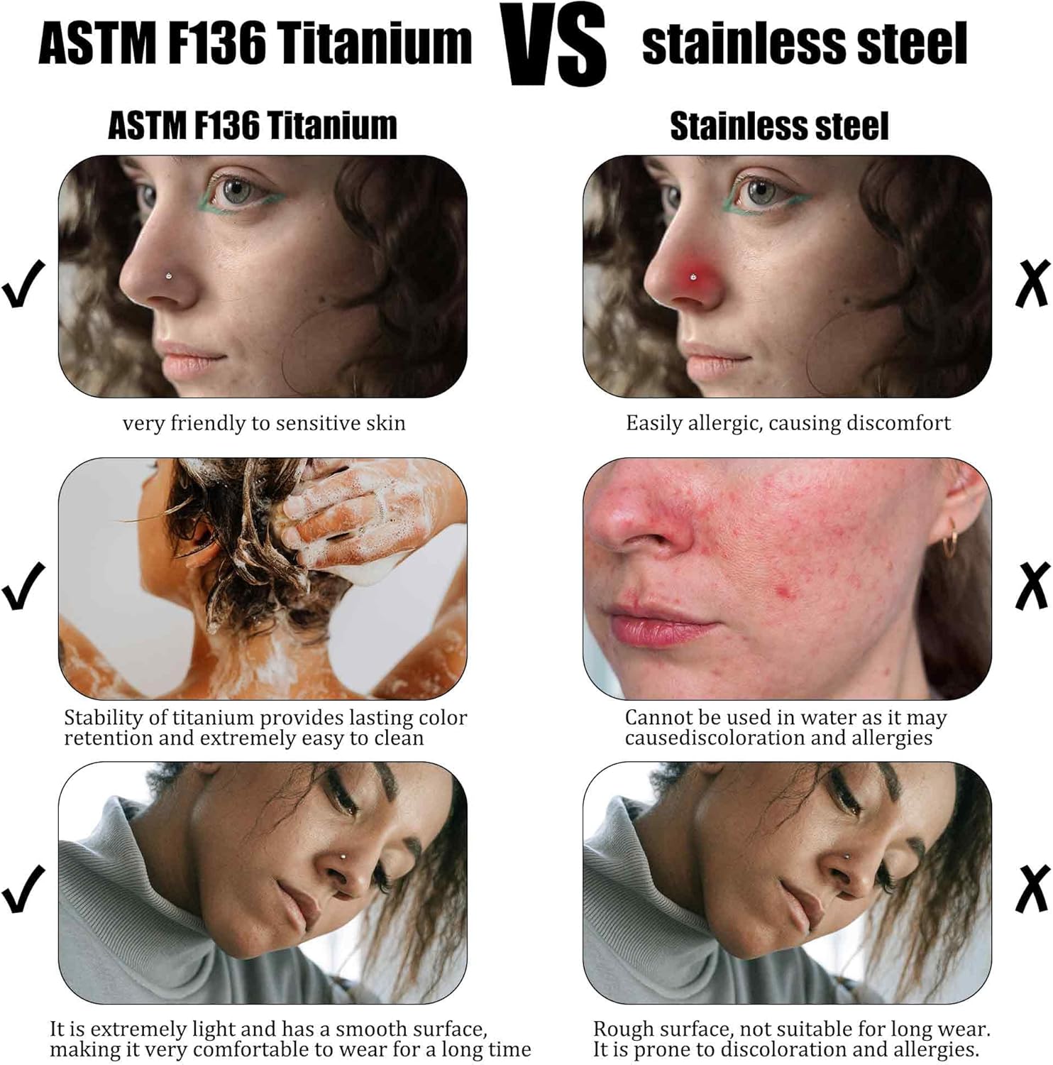 Ruifan ASTM F136 Titanium Nose Rings 18G 20G 22G Mix Color Square Cubic Zirconia Nose Studs Ring Screw L-Shaped Bone Hypoallergenic Body Piercing Jewelry for Women 3mm 10PCS - Image 4