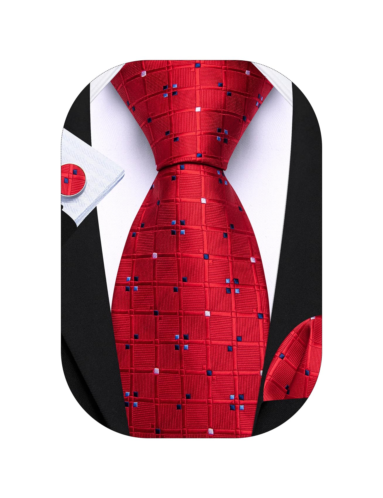 Barry.Wang Plaid Ties Checkered Mens Silk Necktie Handkerchief Cufflinks