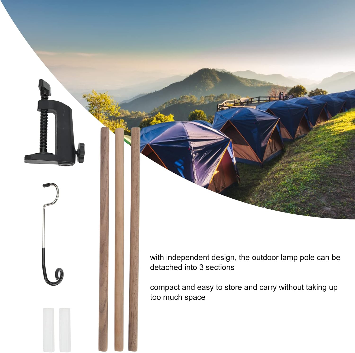 Folding Lamp Pole Walnut Lantern Stand, Camping Lantern Stand Kit, Height with 3 Detachable Sections, Portable Lightweight for Camping Picnic Fishing Barbecue,