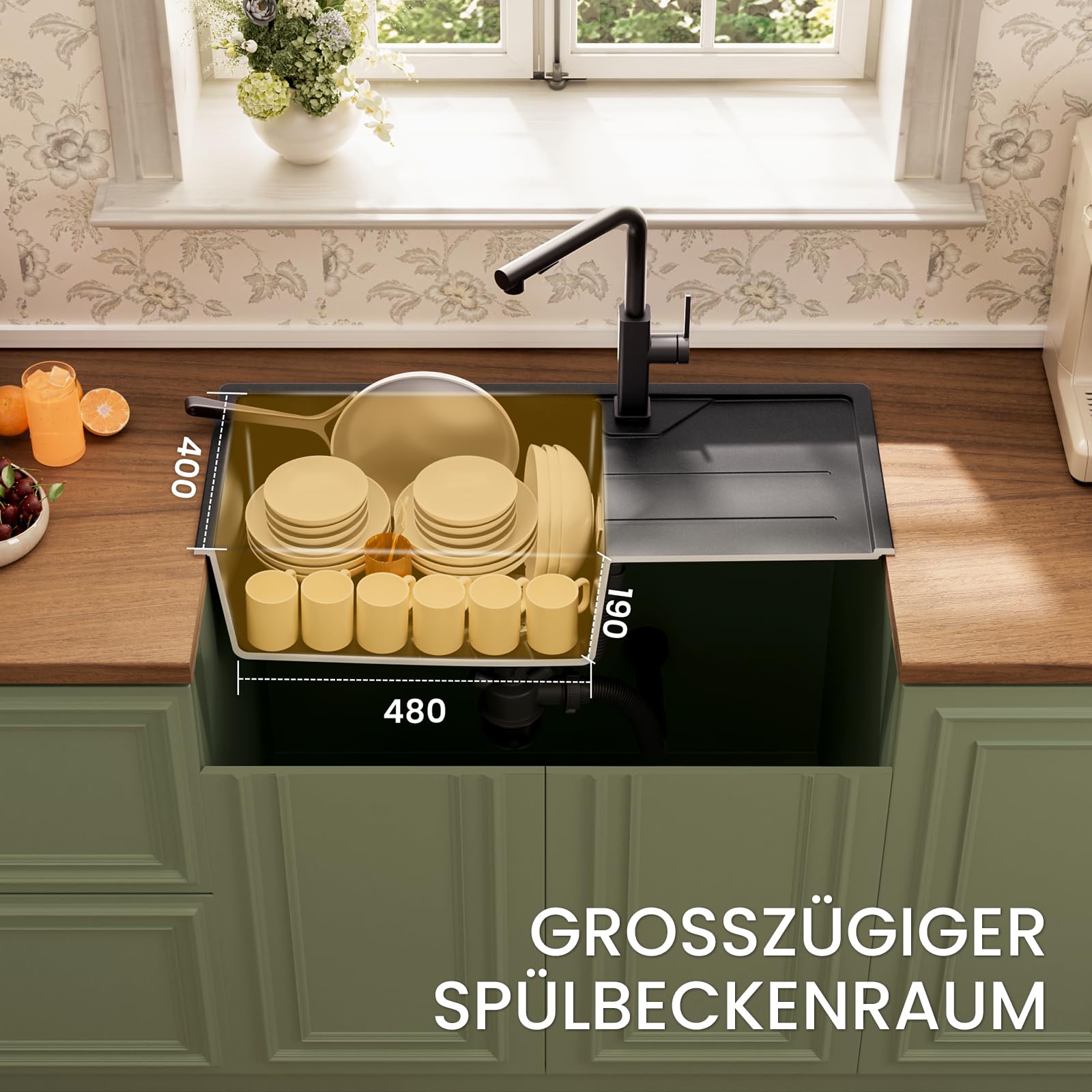 CECIPA Spülbecken mit Abtropffläche 86 x 45 cm, Spüle küche Schwarz, Granitspüle Küchenspüle Graphitschwarz, Küchenwaschbecken, 1 becken, inkl. Siphon Ab- und Überlaufgarnitur | Spülbecken mit Abtropffläche 86 x 45 cm, Spüle küche Schwarz, Granitspüle Küc