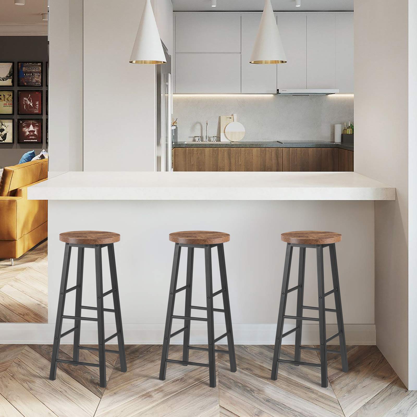 WOLTU 4X Taburetes de Bar, Estructura de Metal, Vintage | con Reposapies, Asiento de MDF, para Comedor, Salón y Cafetería