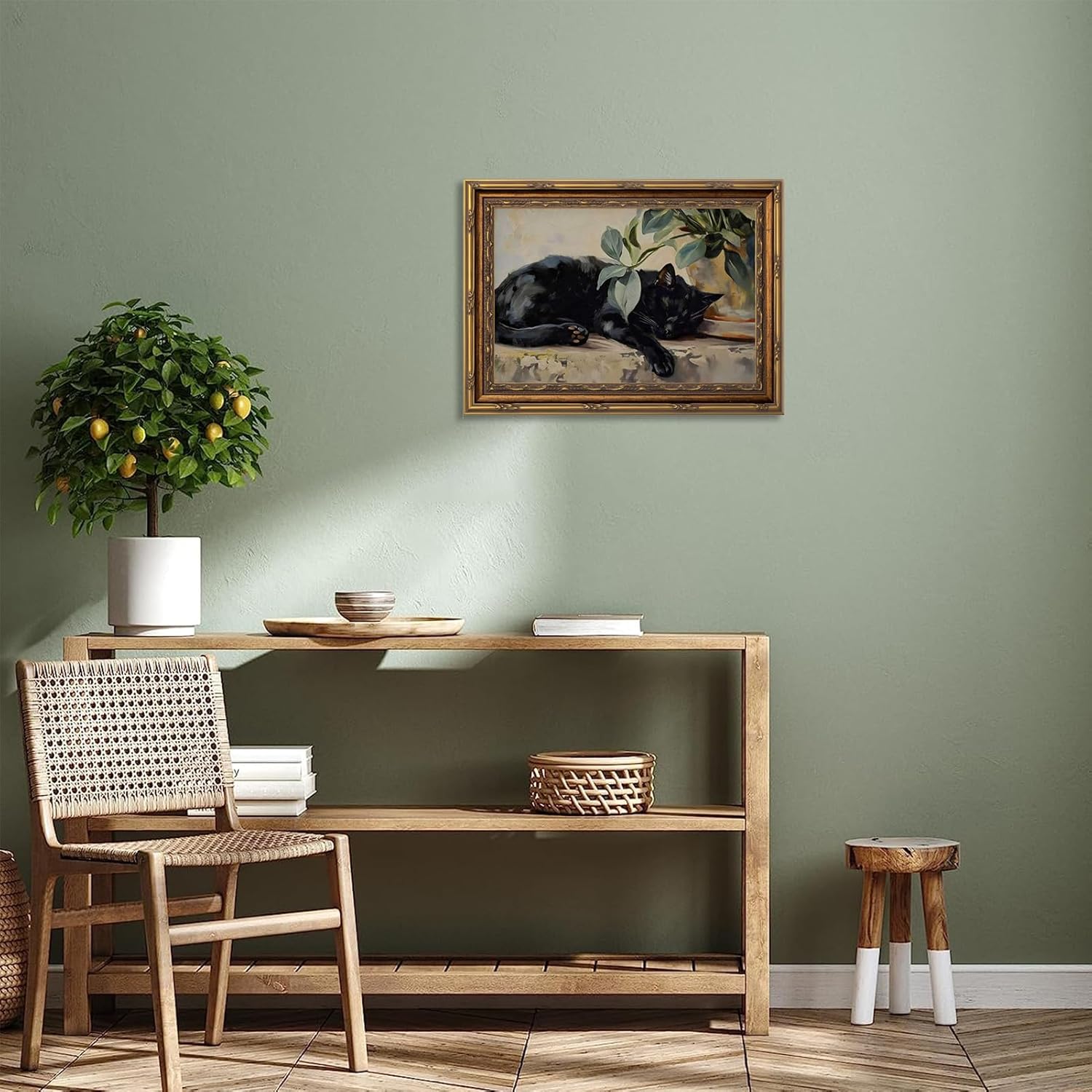 Kabcod Gold Framed Black Cat Canvas Wall Art, Vintage Sleeping Cat with Plant Picture Wall Decor Paintings, Cute Animal Poster Prints Rustic Aesthetic Decor for Living room Bedroom Bathroom 12x16 inch