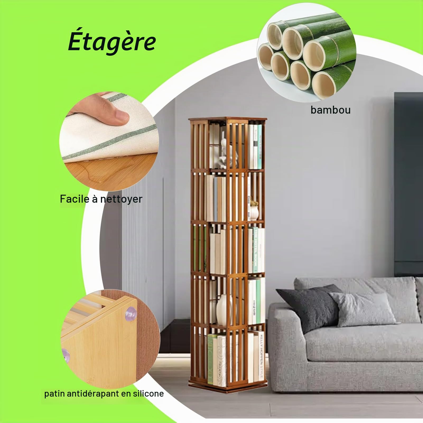 Étagère Livre Rotative en Bambou Bibliothèque Pivotante (5 étages)