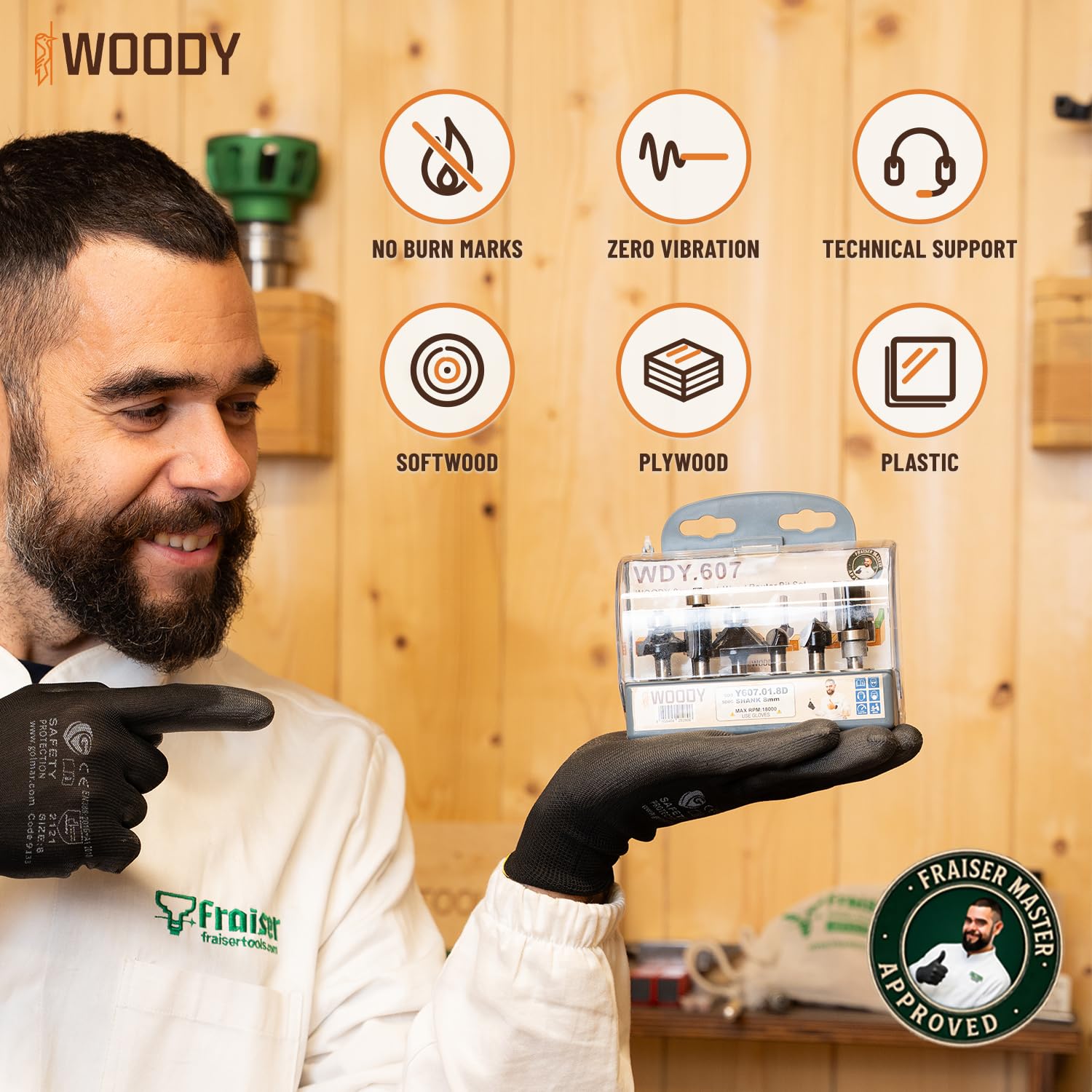 WOODY by Fraiser - Set di 6 frese per legno con gambo da 8 mm per rifilare, scanalare, smussare e raggiare - per fresatrice verticale e rifilatore