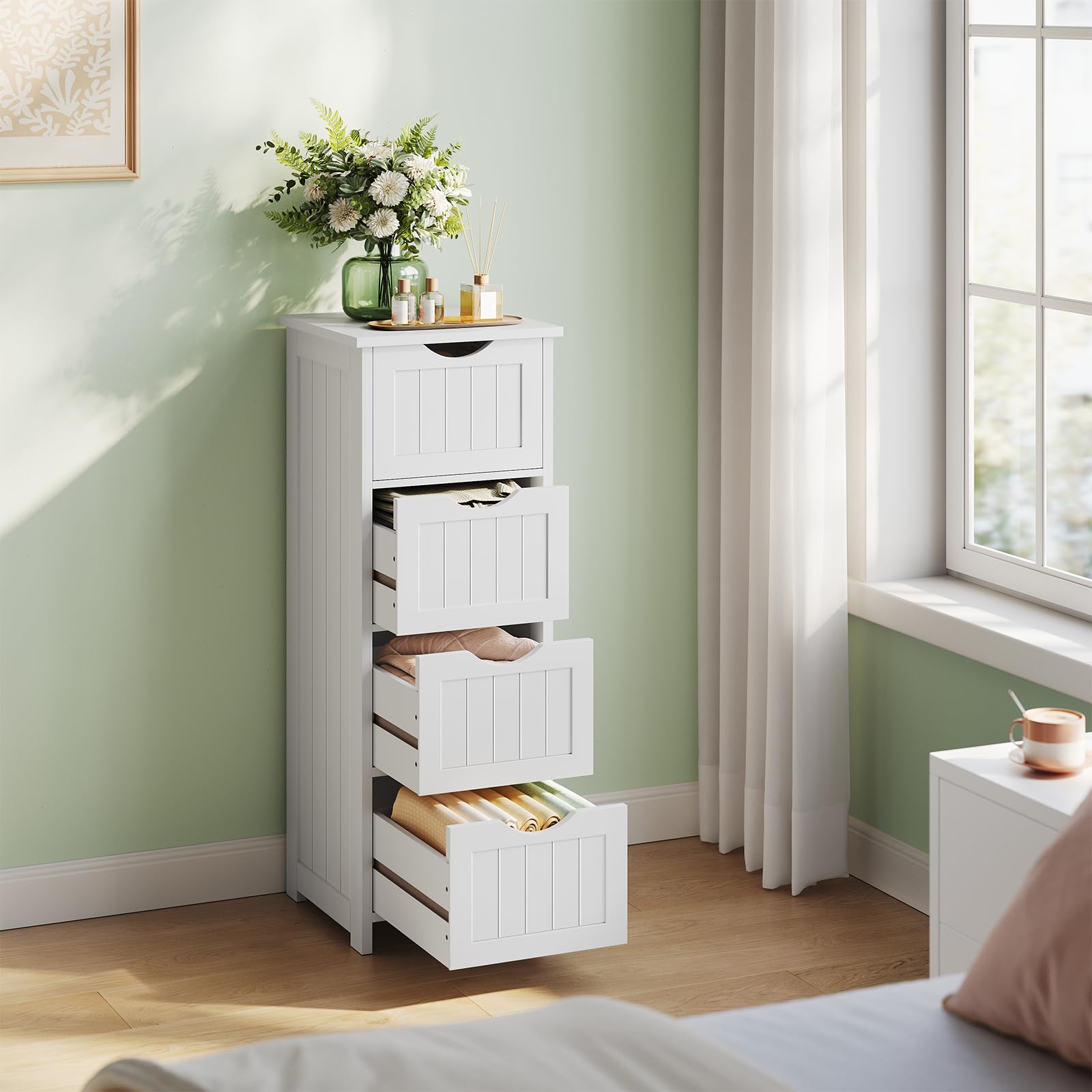 WOLTU Armario de Baño, Mueble Auxiliar Baño, con 4 cajones, Cajonera Baño Estrecha, para Espacios Pequeño, 30 x 30 x 82 cm, Sala de Estar, Dormitorio, Cocina, Estilo Moderno, Blanco BZS07ws
