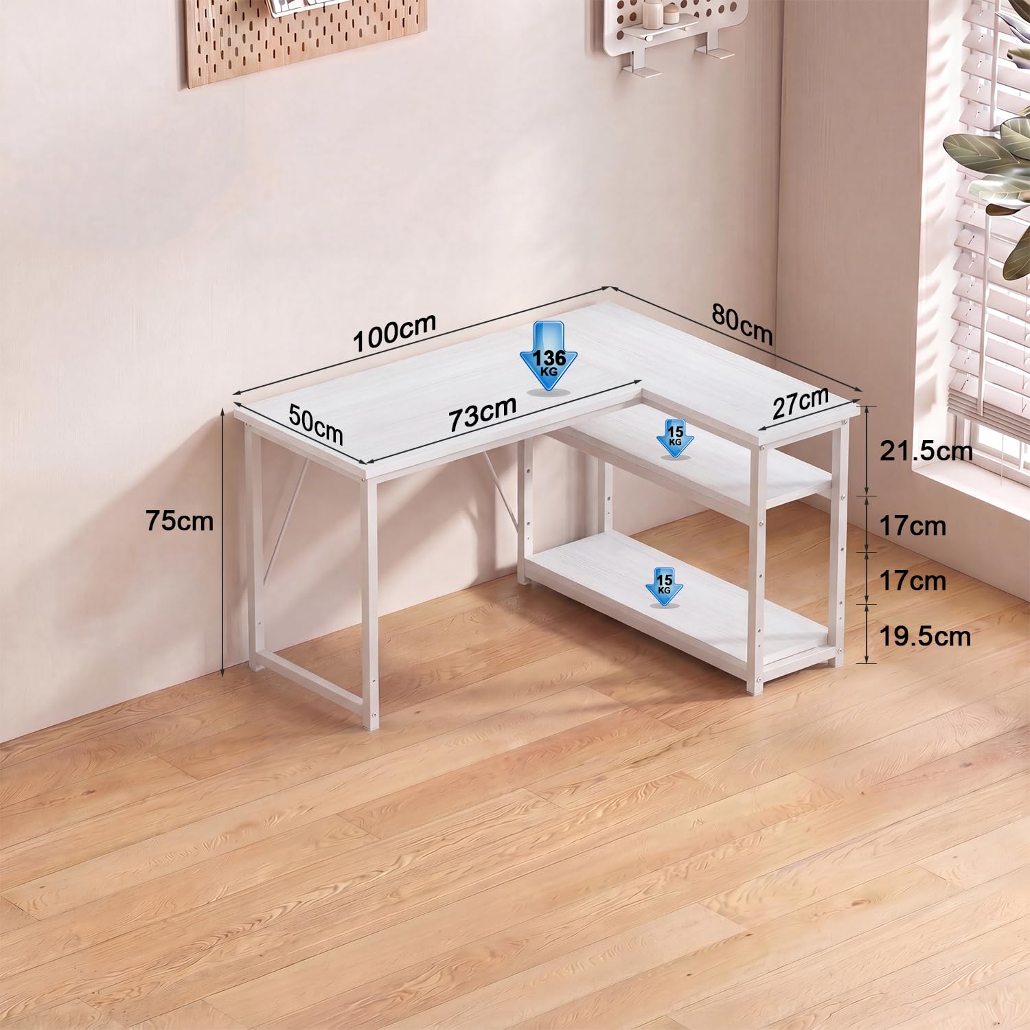 JUMMICO Scrivania Angolare Compatta a Forma L 100 x 80 cm Bianco | con Ripiano Portaoggetti, Tavolo Multiuso per Casa e Ufficio, Finitura Rovere Vintage, Tavola in legno, Telaio in Metallo
