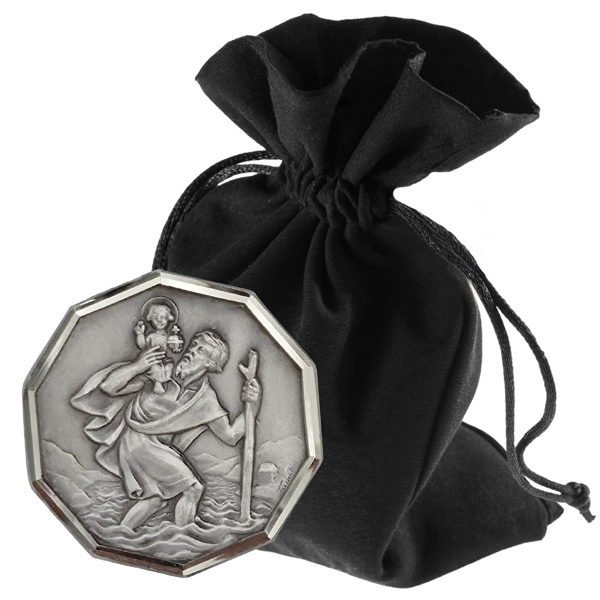 Lunexus Siliver Christopher Car Magnet Ø 3 Cm Octagonal - Blessed With Certificate - Saint Christopherus Picture - Patron Saint Motorist - Adhesive Pad & Magnet - Car Lucky Charm Octagon