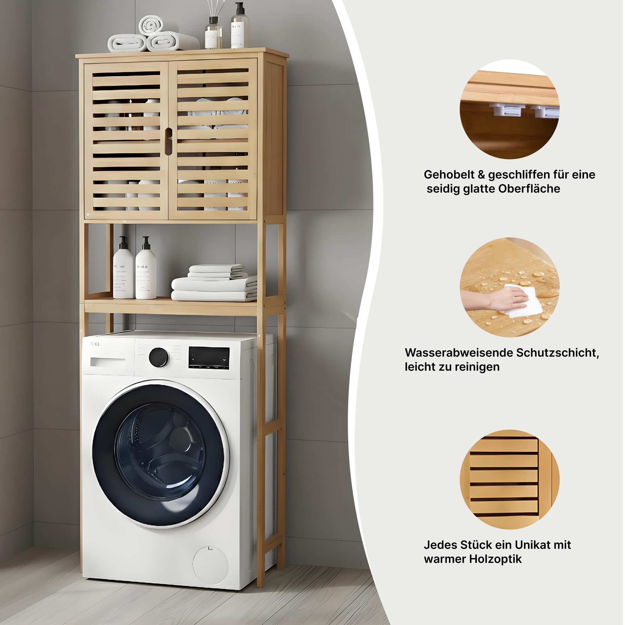 Toilettenregal Bambus 170x66x23 cm - Waschmaschinenregal | Badregal bambus, wc regal, platzsparend, ueberbauschrank, waschmaschinenschrank, kippschutz, lamellentueren, stabil