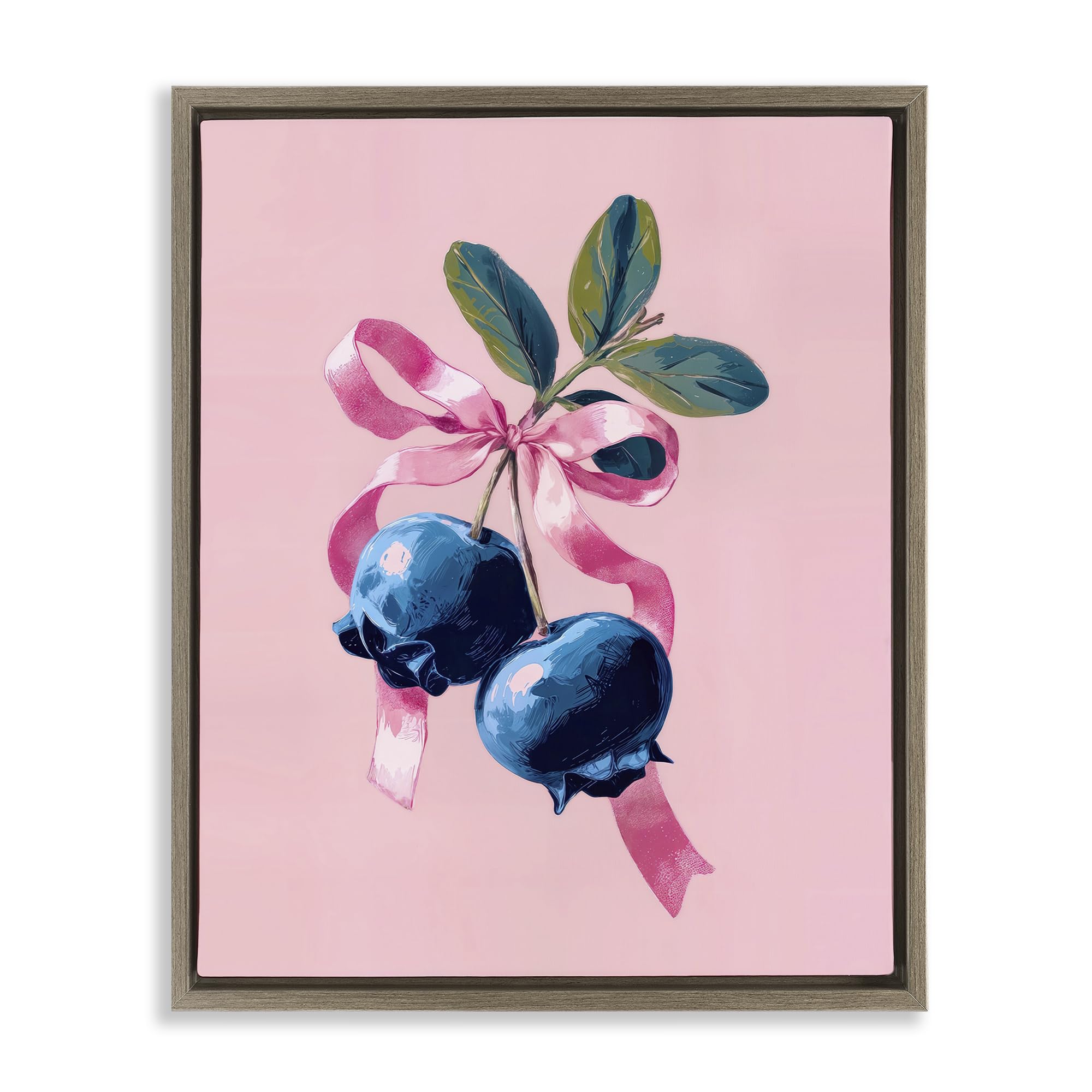 Stupell Industries 'Blueberry Branch with Pink Bow', Floating Frame Canvas Art, Brown, 25 x 31 Inches, Easy to Hang and Sturdy, Made in USA, by Imagine It Images