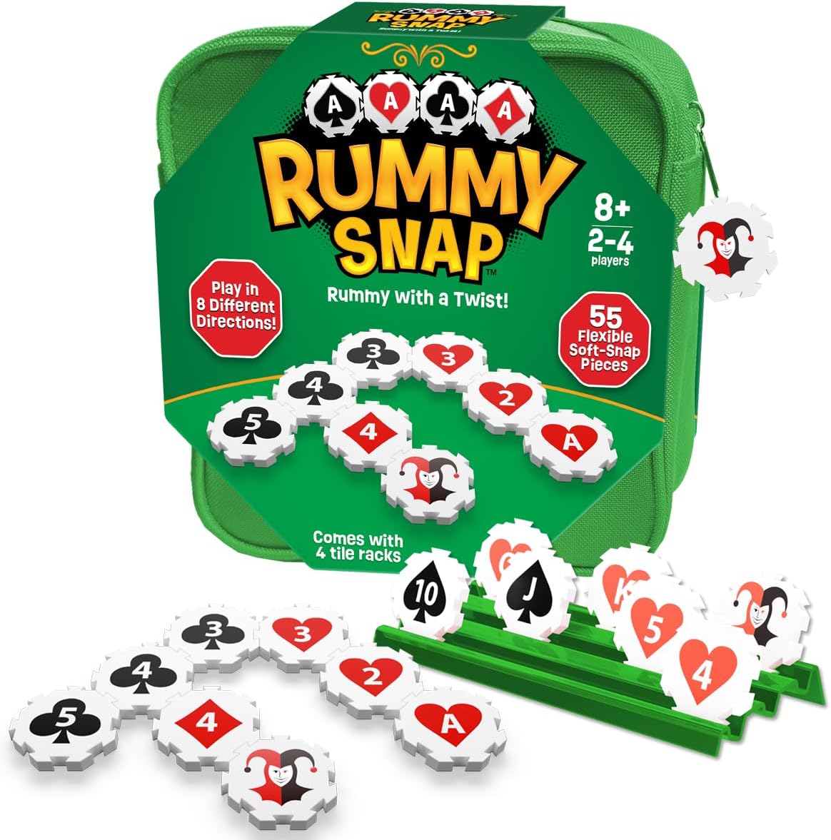 Rummy Strategy Game for Adults, Family, and Kids, Includes Full Size Snap Tiles, Racks, and Storage Travel Bag, Fun for Ages 8+, 2-4 Players