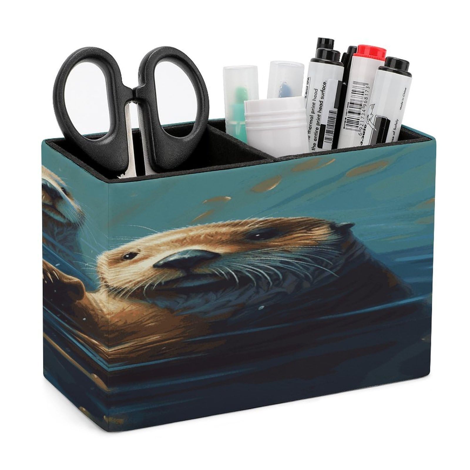 LDGSUPH Sea Otters Painting Leather Pen Holder for Desk Organizer Caddy Large Pencil Cup Multi-function Pencil Holder Makeup Brush Holders Pen Organizer for Home Office Storage Box