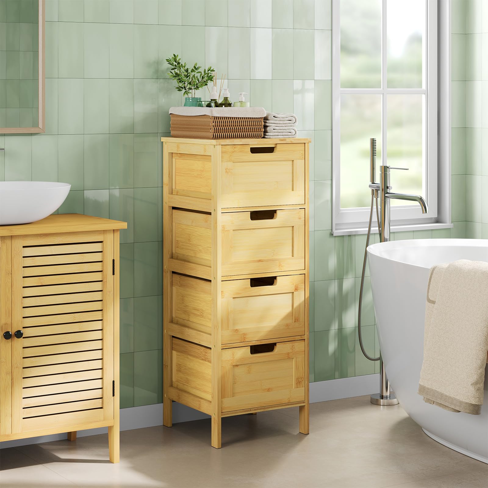 EUGAD Badezimmerschrank, Badschrank Bambus, Badregal mit 4 Schubladen, Badkommode stehend, Beistellschrank für Badezimmer Küche Flur, 30x80x30 cm
