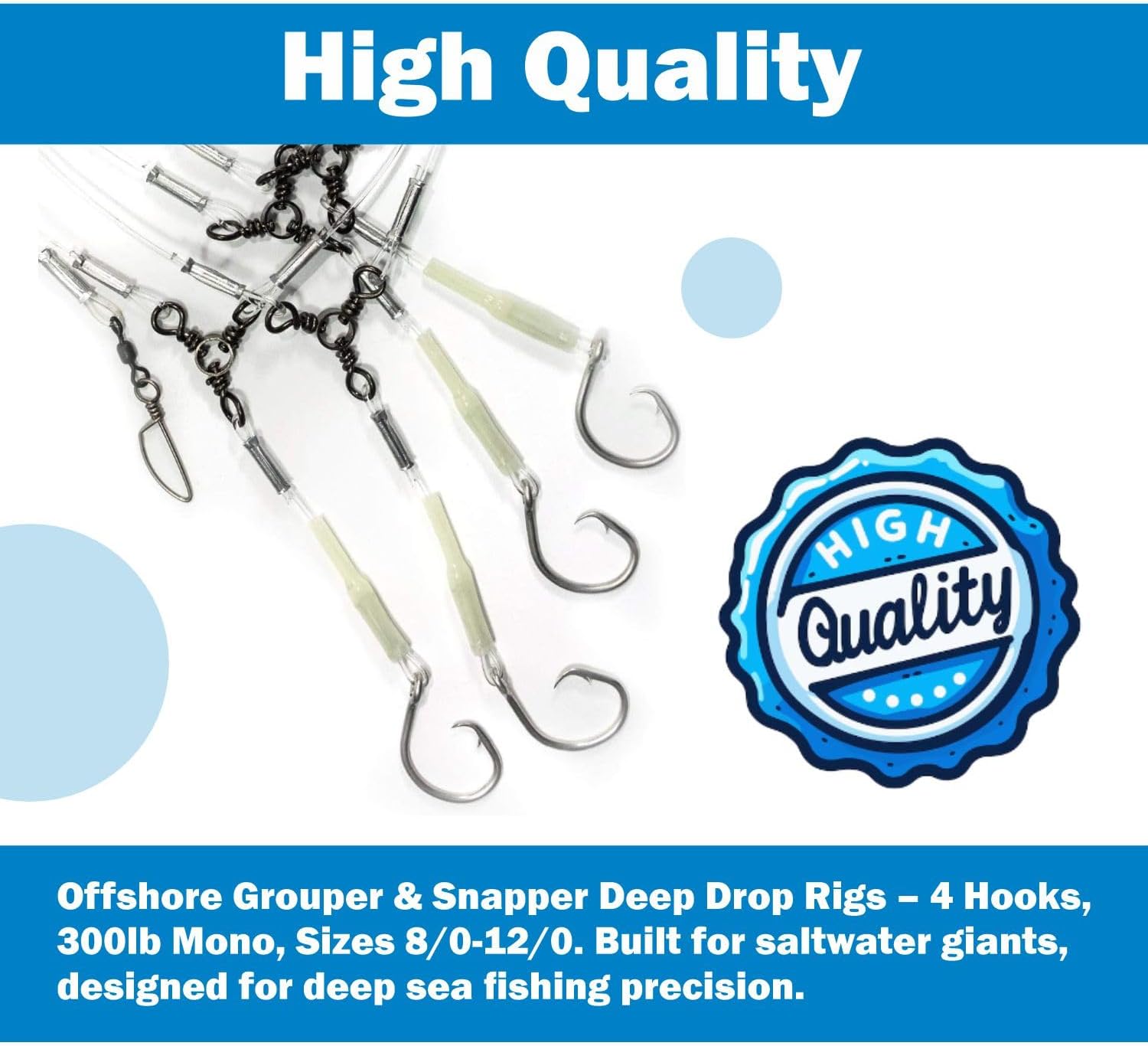 Rite Angler Deep Drop Snagger Rig 13/0, 14/0, 16/0 Bottom Fishing Rig, 5 Mustad Circle Hooks with Glow Sleeves, Fluorocarbon Metal, Saltwater Deep Sea Fishing Gear 400lb Test Monofilament