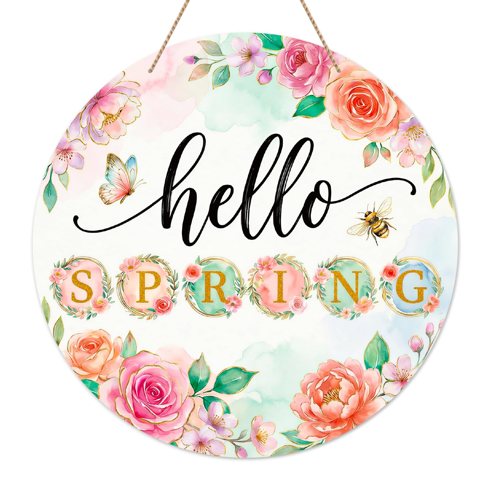 Hello Spring Door Sign - 11.5" Round Floral Spring Decorations for Home Office Party - Welcome Spring Wreath Farmhouse Rustic Hanging Sign for Door Wall Mantle Porch Indoor Outdoor Decor
