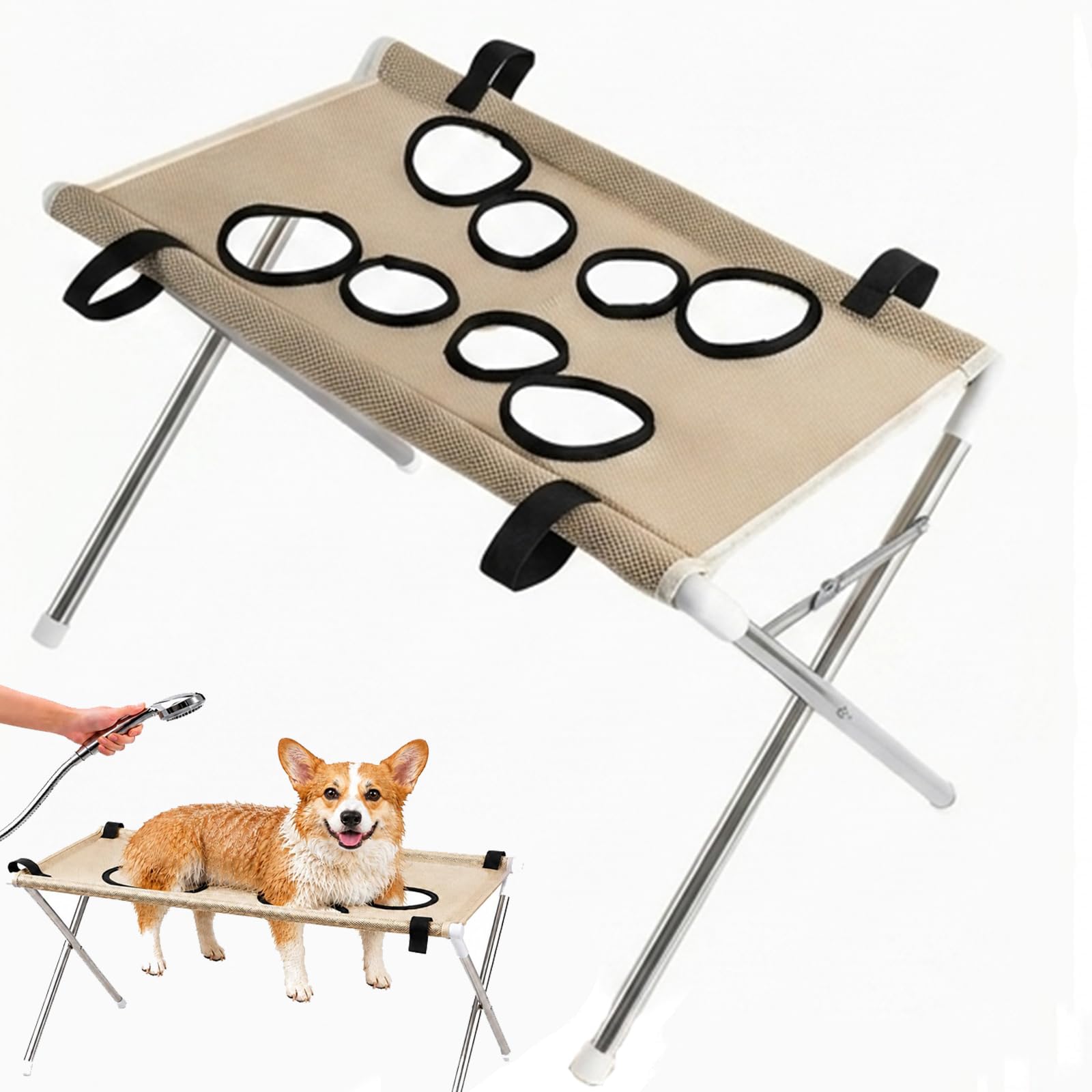 Jeeeun Pet Grooming Hammock with Stand for Cats Small Dogs Dog (Khaki) | Pet Bathing Hammock - 8-Hole Breathable Mesh, Ear Cleaning, Bathing Use, Foldable Design, Secure Strap