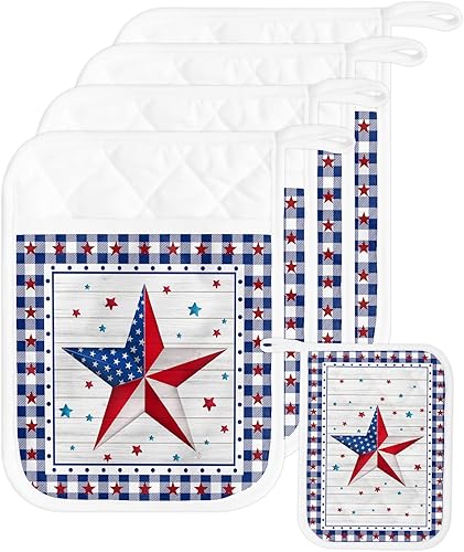 Independence Day 5Pcs Pot Holders for Kitchen,Non Slip &amp; Heat Insulation Terry Cloth Potholder Set with Pocket,Thick Hot Pad Oven Mitts Trivet