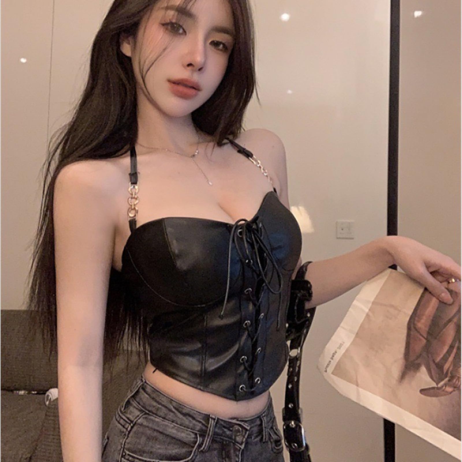 Canottiera Donna Cotone Lavo-Up Black Pu Crop Top Corset Womens Women Streetwear Streetwear Streetwear