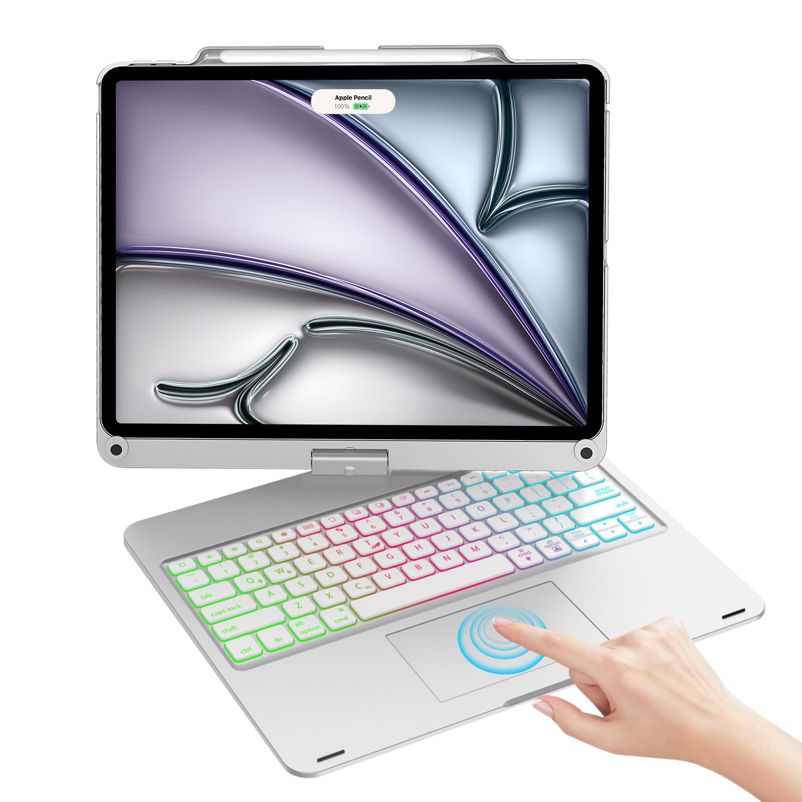 OYOSUOGGTouch IPAD Pro12.9 Case with Keyboard 6th 2022 & 5th 2021 Gen, Magic 360 Degree Rotatable Swivel Trackpad, 7 Backlight Color Pencil Holder for 4th 2020 3rd 2018 Sliver