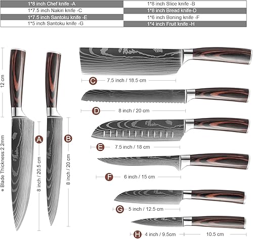 Miniatura 2 de XITUO Juego de cuchillos de chef de cocina, 8 cuchillos de acero inoxidable de alto carbono, mango de madera de Pakkawwood, cuchillo de cocina ultra
