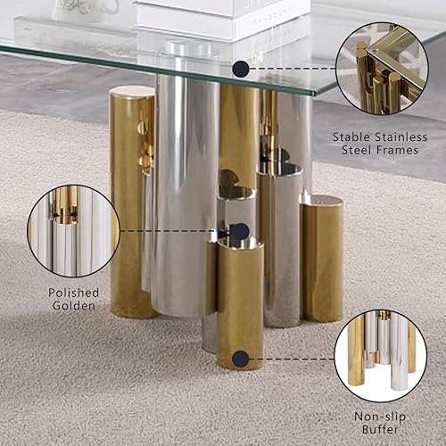 Miniatura 4 de PEIHONGET Mesa decorativa dorada de 20 pulgadas, mesa auxiliar de cristal con mesa de centro cuadrada de acero inoxidable, vidrio templado