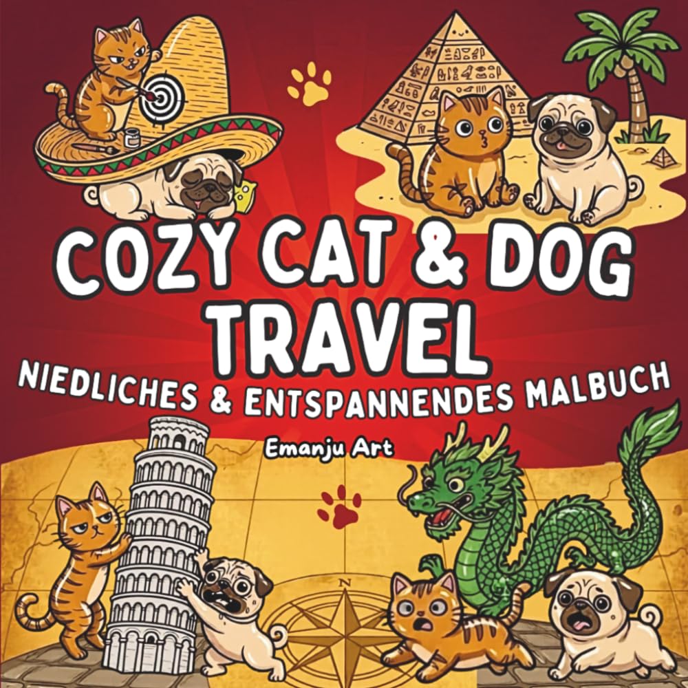 Cozy Cat & Dog TRAVEL Niedliches und Enspannendes Malbuch: 50 Humorvolle Katzen und Hunde Ausmalbilder für Jugendliche und Erwachsene – Dicke Linien, ... freche Samtpfoten für kreative Entspannung