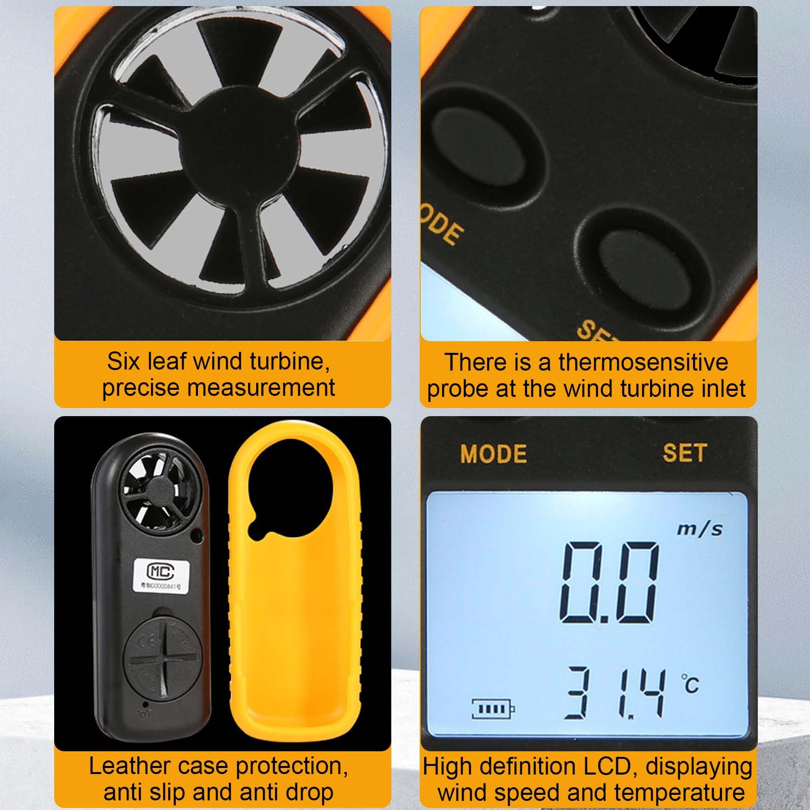 Anémomètre numérique portable pour mesurer la vitesse du vent/la température/le refroidissement éolien, pour drone, voile, surf, pêche