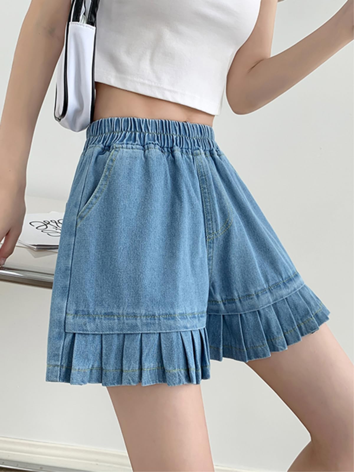 Shorts Jeans Donna Loose Plus Size Women's Denim Gonne Estate Elastic Waist Wide Leg Cotone Piezzato-Deep Blue-2xl
