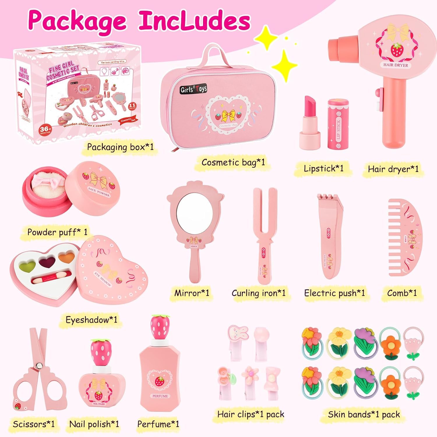 Maquillage Enfant Fille en Bois,Maquillage Bois Enfant Maquillage Enfants en Boises,Maquillage pour Filles,Faux Coffret Jouet,Trousse de Maquillages Cadeau d'anniversaire pour Filles 3+ Ans