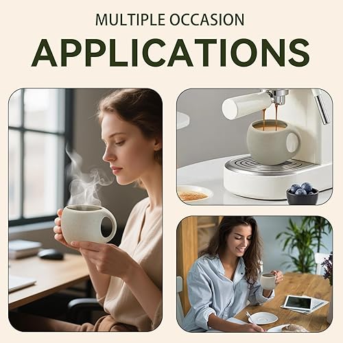 Miniatura 6 de Juego de tazas de café de cerámica con platillo de madera natural y cuchara, tazas de té elegantes de 8.5 onzas para café con leche, té caliente,