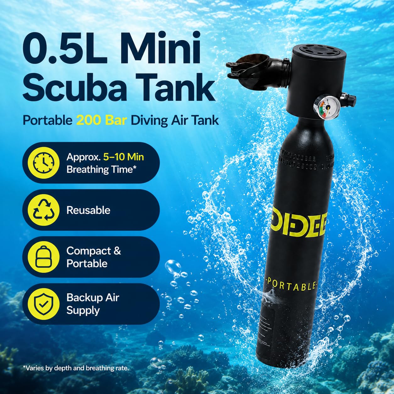 Mini butelka do nurkowania 0,5 l, zbiornik tlenu 200 bar do nurkowania, wielokrotnego użytku, do oddychania pod wodą, 5-10 min, do nurkowania lub jako zapasowa butelka powietrzna