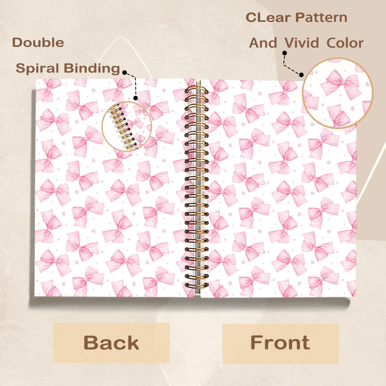 Pink Coquette Bow Star Spiral Diario per donne, diario preppy per donne, forniture per ufficio rosa, taccuino con fiocco preppy per donne, 14 x 20 cm
