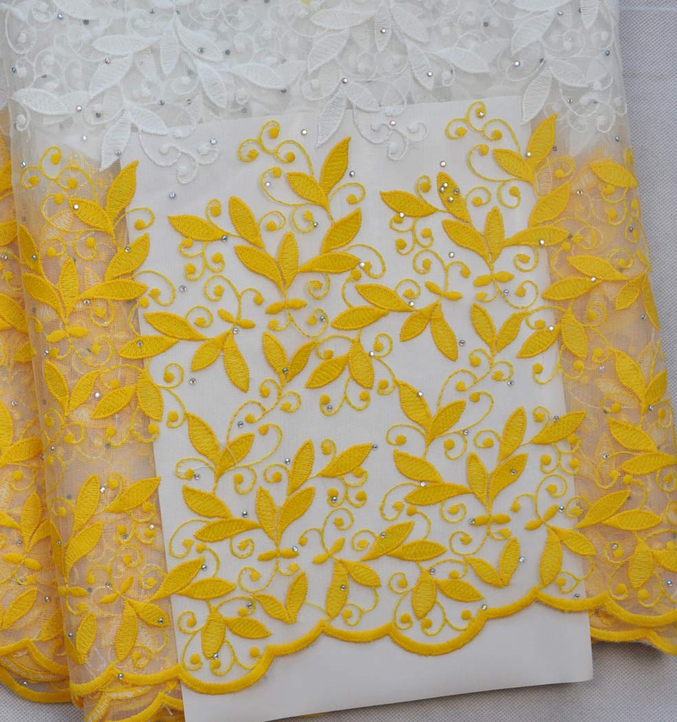 SanVera17 Glitter Stone African Lace Net Milk Silk Fabrics Nigerian Fabric Embroidered and Guipure Cord Lace for Party Wedding (Yellow) 5 Yards