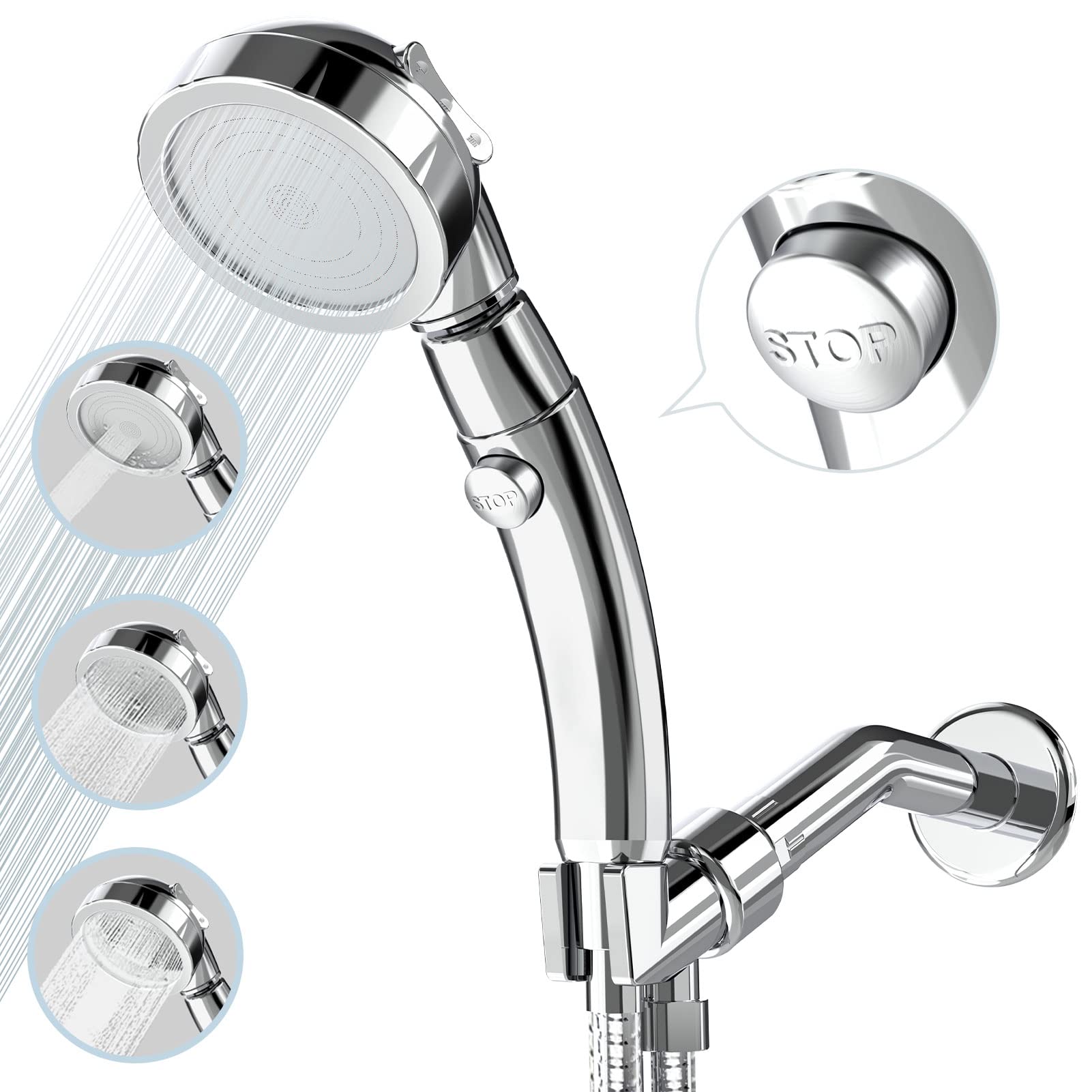 Polma Shower Head with Handheld, High Pressure Shower Head with ON/Off switch 3 Modes detachable Handheld Showerhead with Hose, Angle-Adjustable Water Saving RV Shower Head (Chrome)