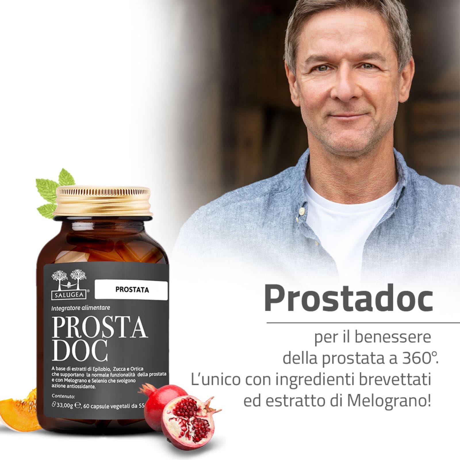 PROSTADOC Salugea - Integratore 100% naturale per il Benessere della prostata - con EnotProst®, Zucca, Ortica, Melograno e Selenio - 60 Capsule in Flacone di vetro scuro farmaceutico