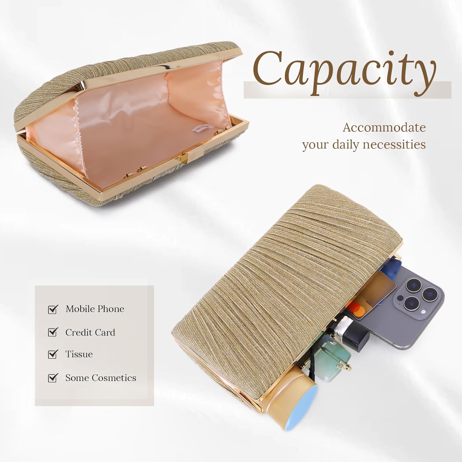 Freie Liebe Clutch Purses for Women Formal Evening Bag with Chain Sparkling Pleated Handbag for Cocktail Wedding and Party - Image 4