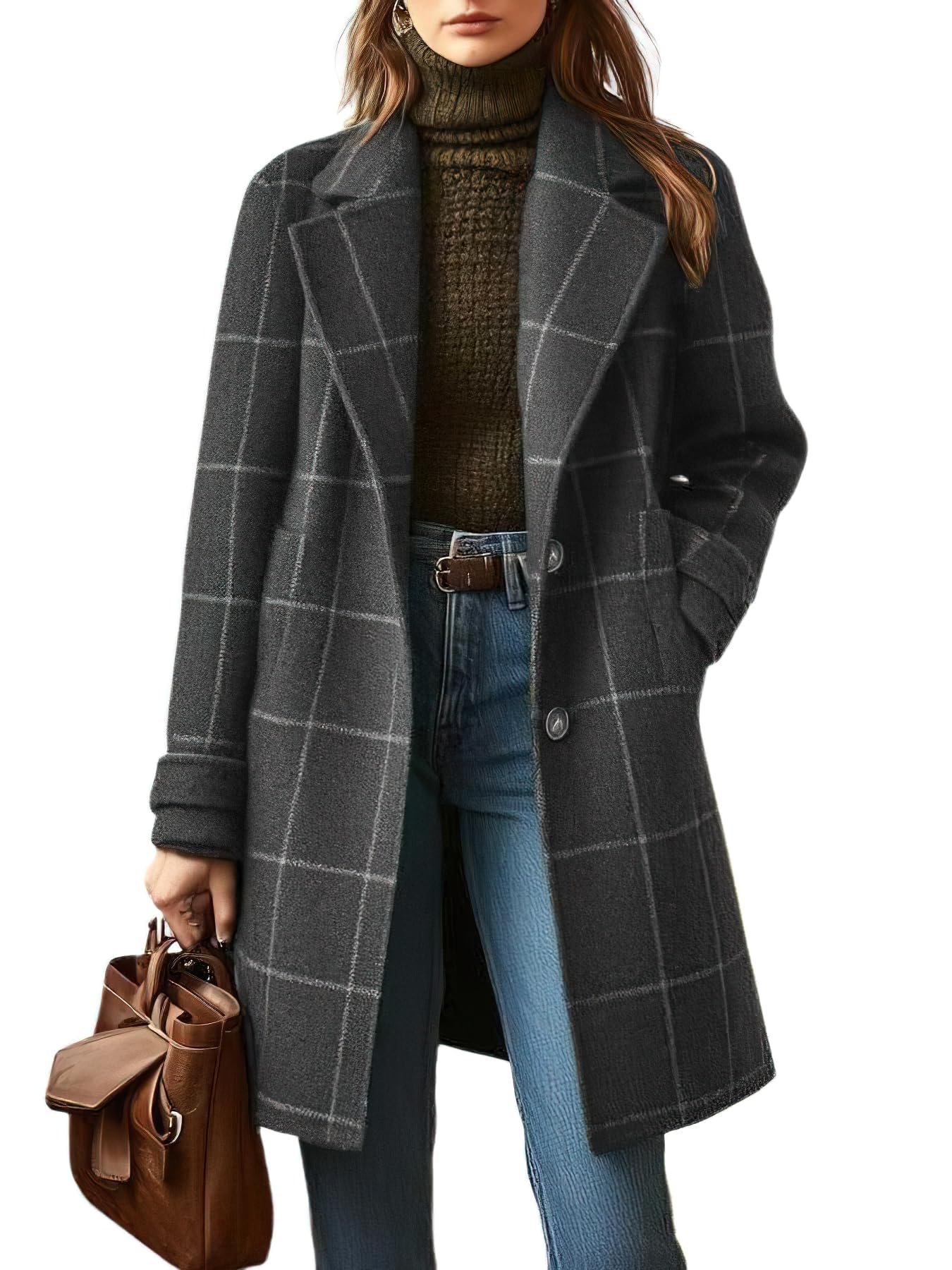 Women's Retro Plaid Lapel Coat, Mid-Length Casual Elegant Outerwear for Autumn Winter - 2