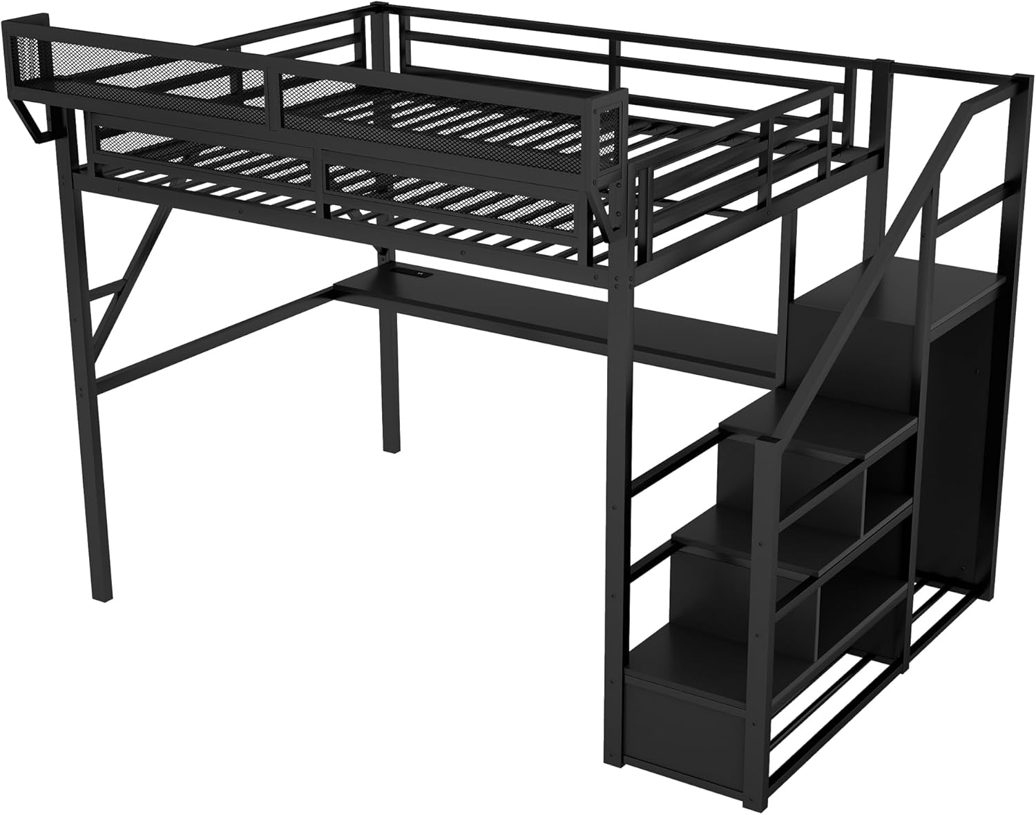 Queen Size Loft Bed with Stairs and Desk, Metal Gaming Loft Bed Frame with Bedside Shelf and Light, Heavy-Duty Adults Lofts Beds with Storage Wardrobe & Charging Station, All Black