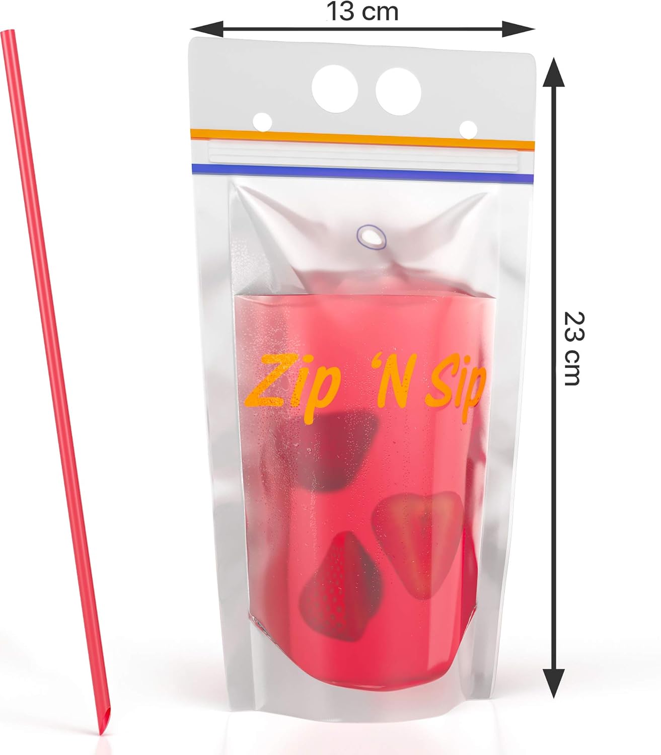 100 Hand-Held Drink Pouches with Straw Hole: BPA Free Clear Plastic Smoothie Bags with 100 Straws, Silicone Funnel, Heavy Duty Reclosable double zipper leak proof Stand Up Pouch with Bottom Gusset