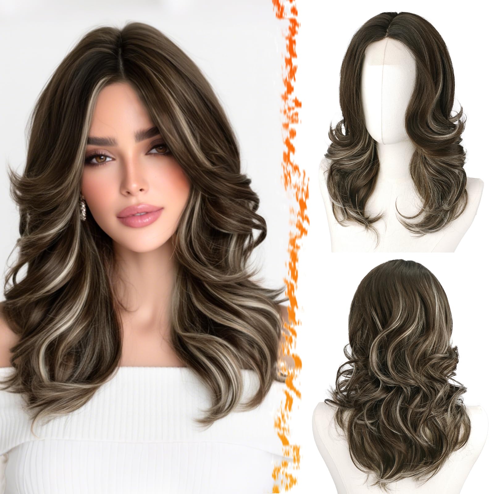 BARSDAR Short Wavy Brown Ombre Layered Wig - Shoulder Length Wavy Brown Wigs for Women - Short Loose Wave Textured Layered Wig with Face-Framing Curtain Bangs Soft Synthetic Natural Looking Daily — view 10