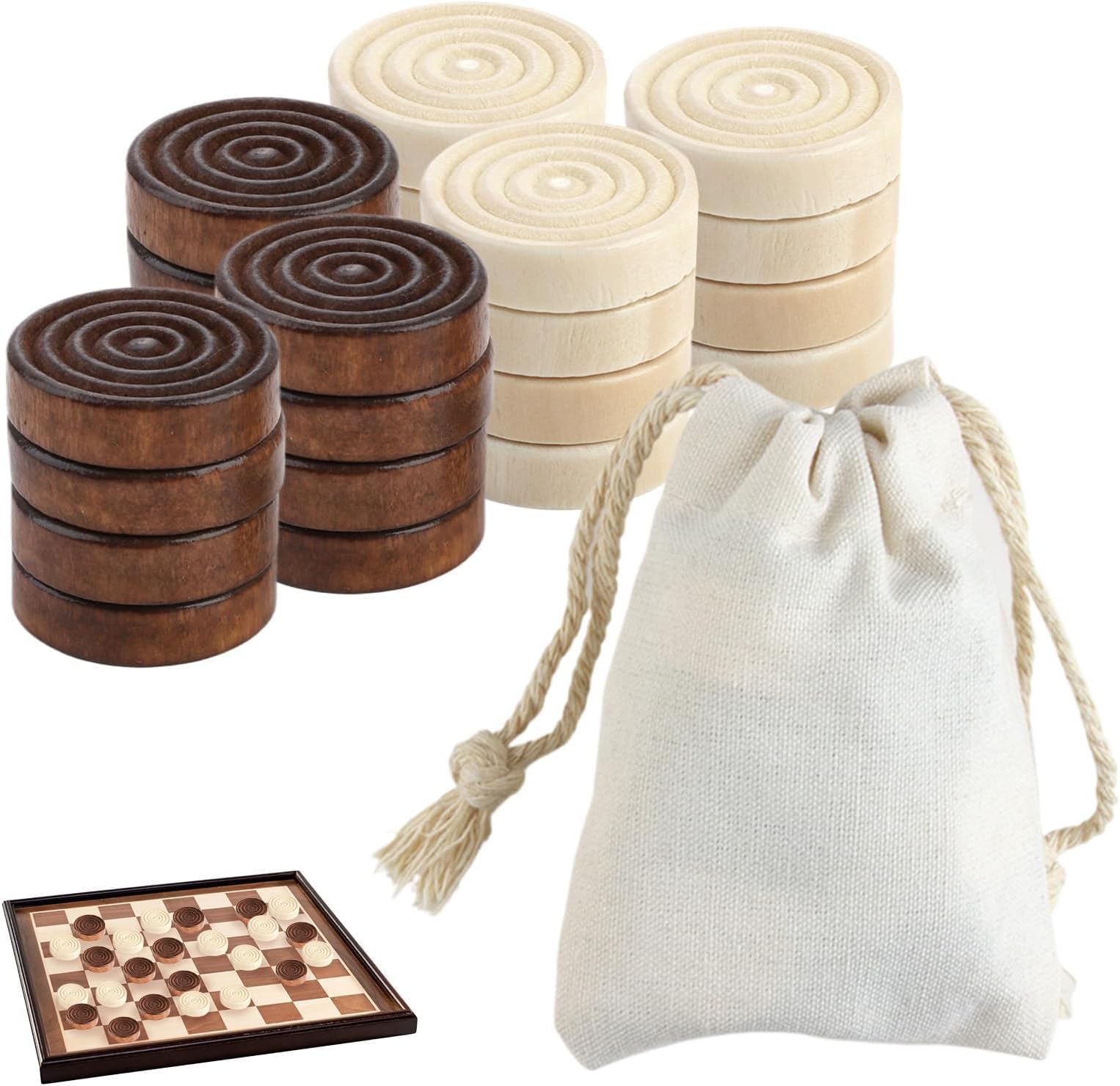 Checkers Draughts Set, 24 Pcs Draughts Pieces with Drawstring Bag Natural Wooden Checker Drafts Pieces Replacement Stackable Classic Backgammon Chess for Children's Day Kids Adults Learning Board Game