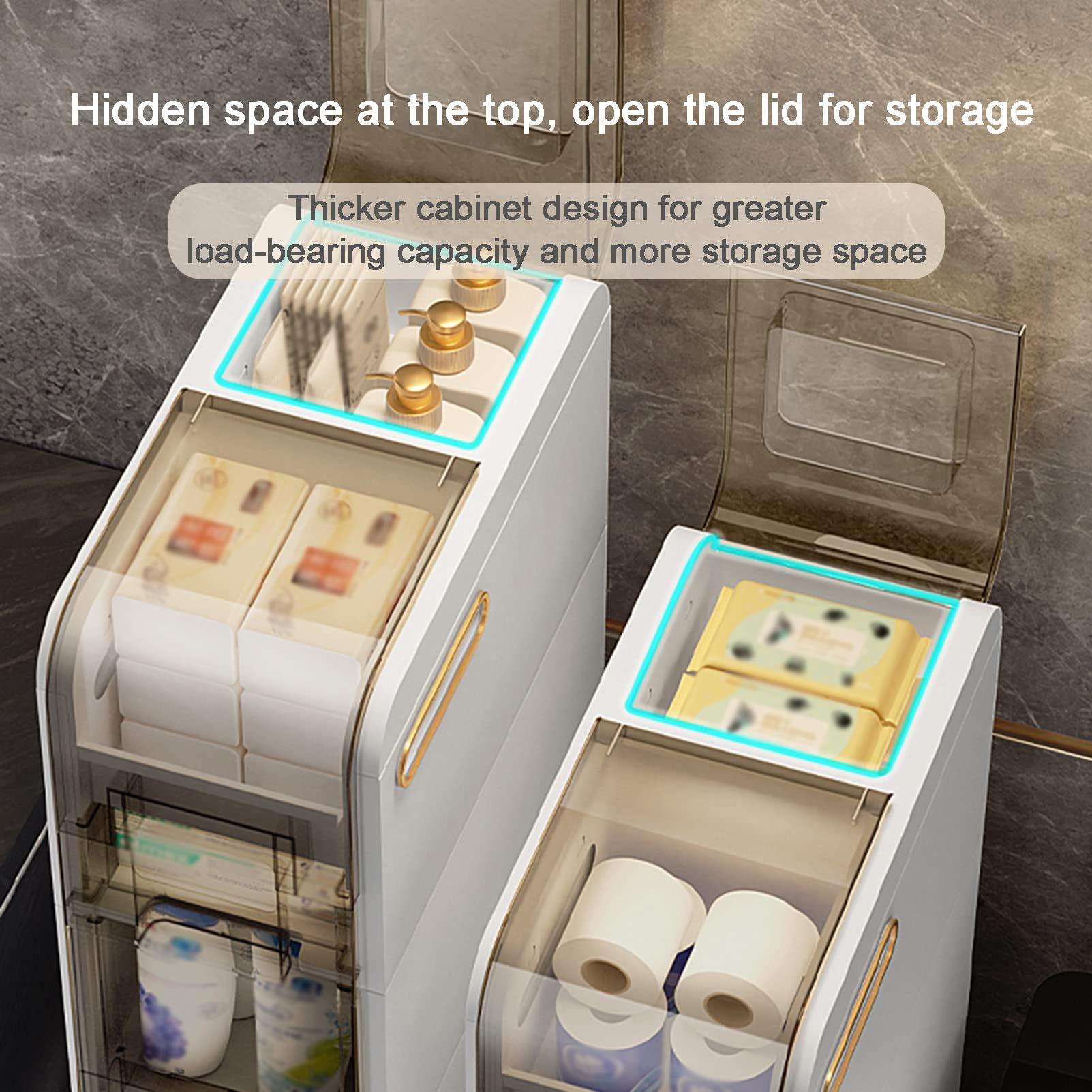 Organizador Vertical de suelo para baño con cajones transparentes y ruedas, unidad de almacenamiento de plástico Alta y delgada para lavabo Estrecho, mueble para Papel Hi