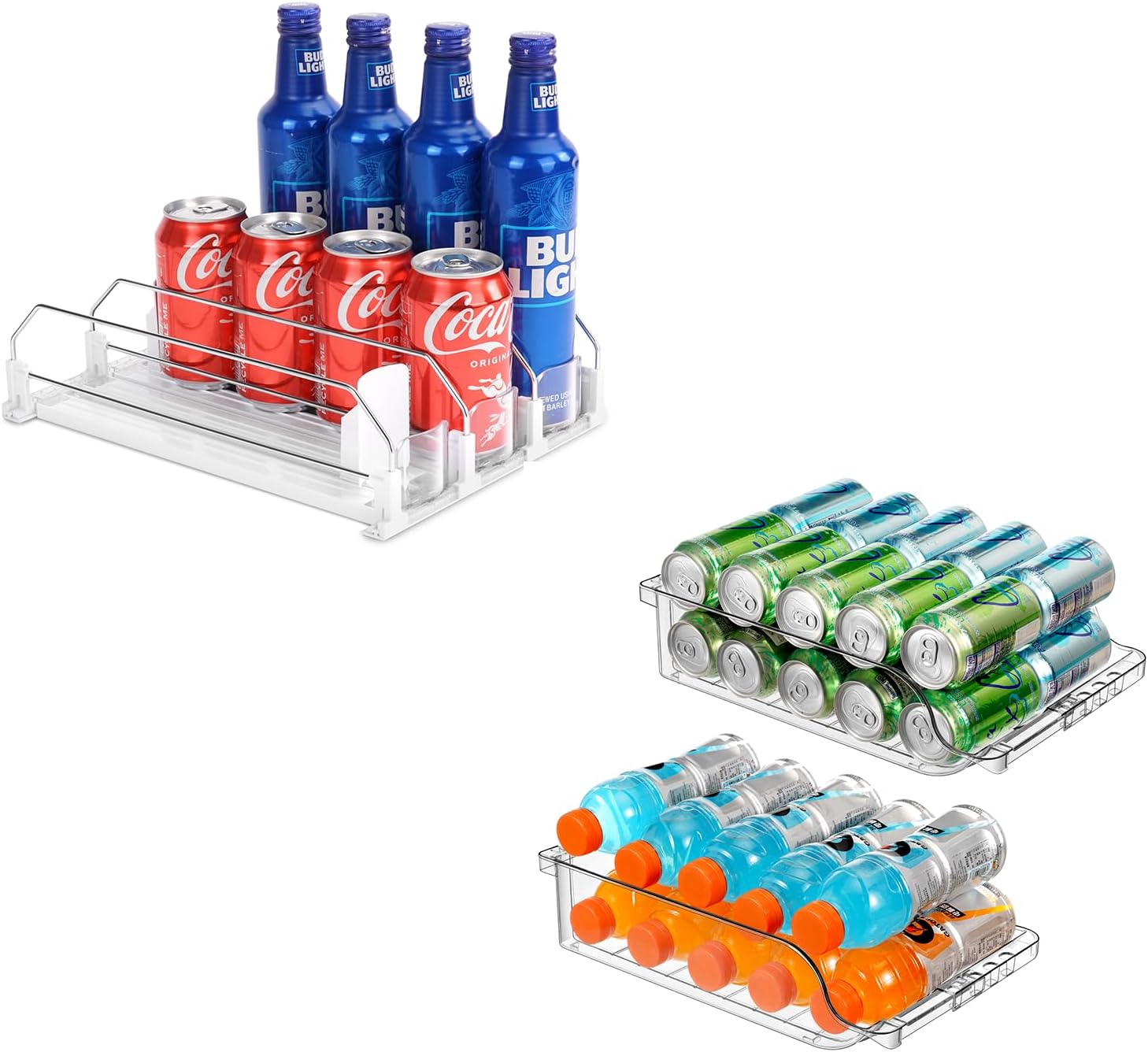 Automatic Soda Can Organizer and 2 Packs Clear Width Adjustable Soda Can Organizer for Refrigerator for Beer Soda Seltzer Drink Pop Cans Holder Storage Pantry Organization