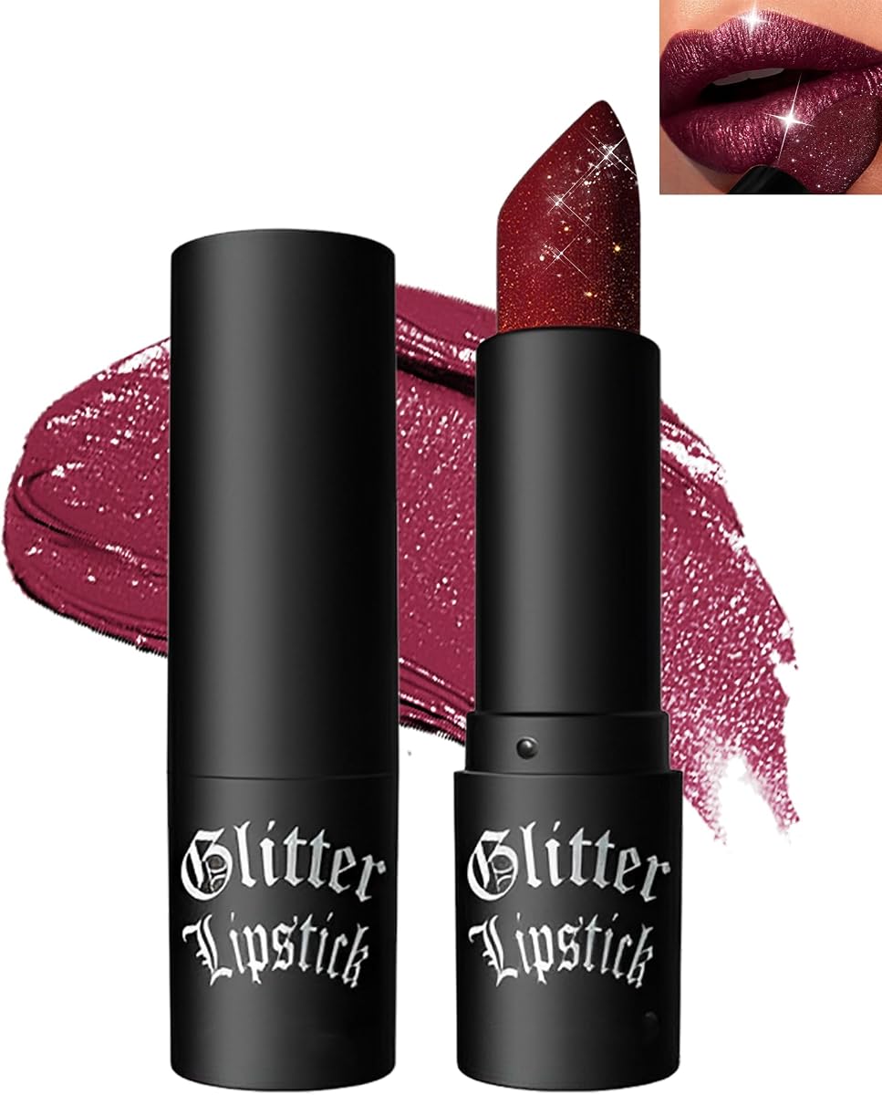 Glitter Frosted Lipstick, Matte Metallic Lip Gloss, Halloween Gothic Makeup | Diamond Shimmer Lipstick,Long Lasting Waterproof Shiny Lip Stain, Non-stick High Pigment Lipgloss, Christmas Cosplay Party-07