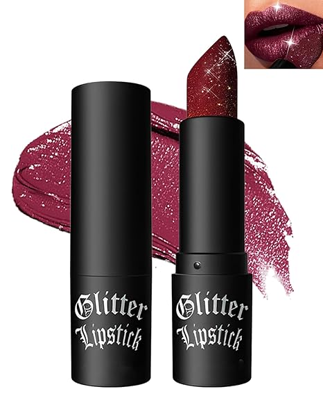 Diamond Glitter Matte Lipstick, Gothic Shiny Lip Gloss, Wine Red Sparkling High Pigment Longlasting Waterproof Smudgeproof Non-Stick Lipstick, Bold Shimmer Lip Blam for Women Lip Makeup-07